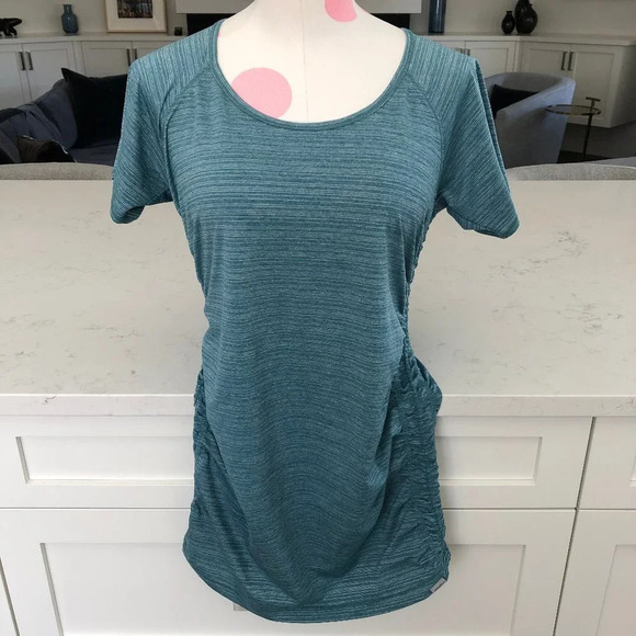 Eddie Bauer Sunwashed Stripe SS Scoop Neck Long Top w Side Ruching Green Sz M - Picture 1 of 12